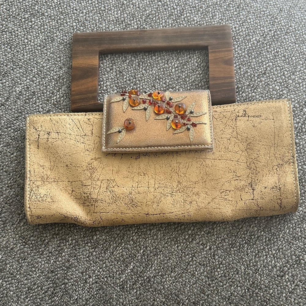 Elegant Gold Clutch with Wooden Handle